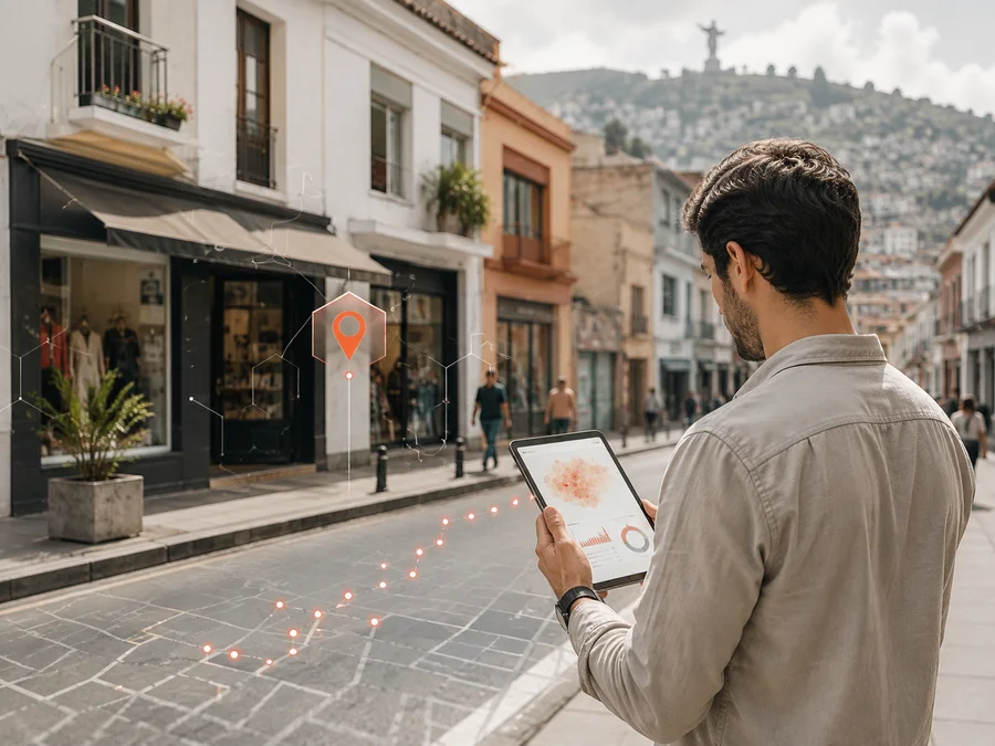 El fundador de Espandor mostrando el análisis desde el teléfono a un comerciante, en una calle de Quito